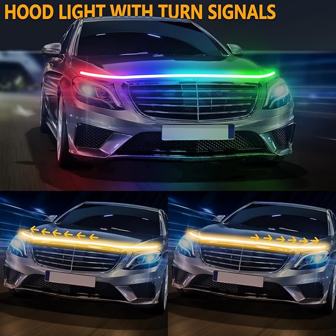 59 Inches RGB Multi-Color Dynamic Scanning Starter Hood Lights, Car LED Hood Light Strip, Exterior Flexible Headlight Waterproof Daytime Running Lamps Strips (1 Set)