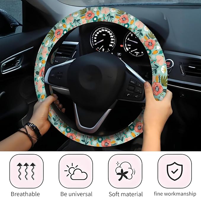 Car Steering Wheel Cover, Universal 15 Inch Neoprene Non-Slip Steering Wheel Covers, Funny Car Accessories for Women Men Fit Auto, Suvs, Truck Cute Green Floral