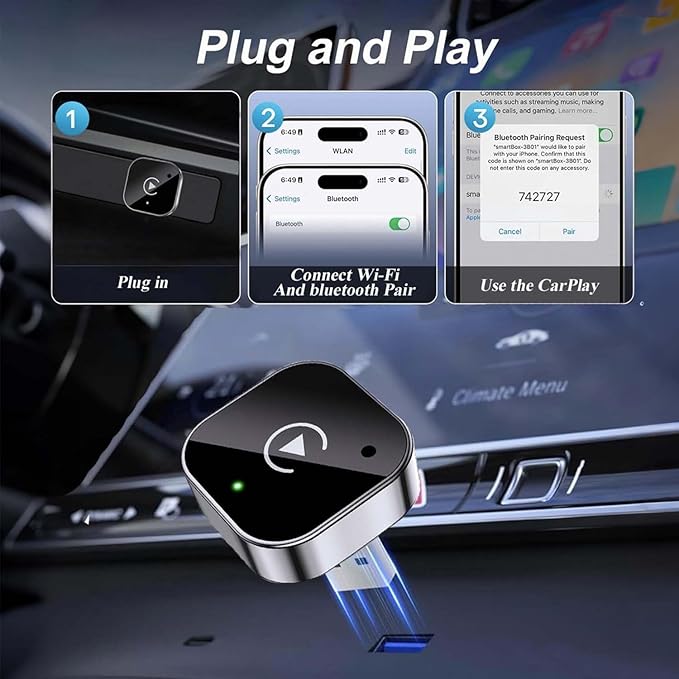 2025 Upgraded Wireless CarPlay Adapter for iPhone＆Android, Mini Wired to Wireless Adapter for CarPlay ＆Android Auto, Plug and Play, Stable Connection & No Latency