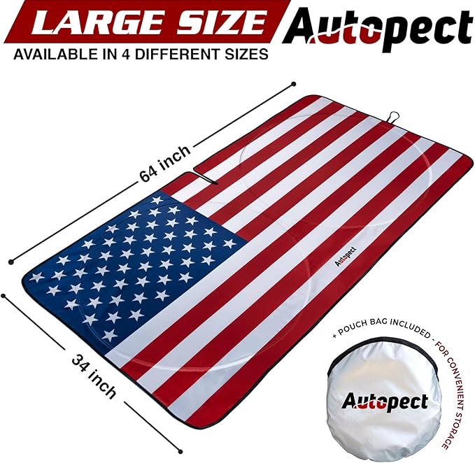 Windshield Sun Shade - American Flag Design, High-Resolution Sun Visor for Car, Truck, SUV with Mirror Cut-Out for Interior Sun Protection, Foldable Car Sun Shade (Original, Large)