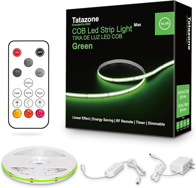 Tatazone 16.4ft Green COB Led Strip Lights with RF Remote, Dotless, Indoor, Dimmable, Adhesive Led COB Light Strip for Cabinet, Room, Bed, Paintings