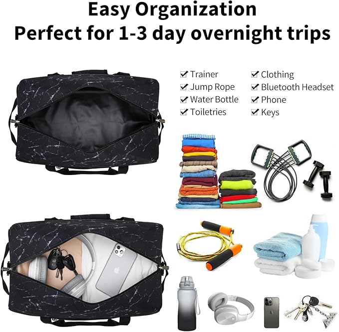 Small Gym Bag 18 inch Carry On Duffel Bag for Weekender Travel - Marble Black