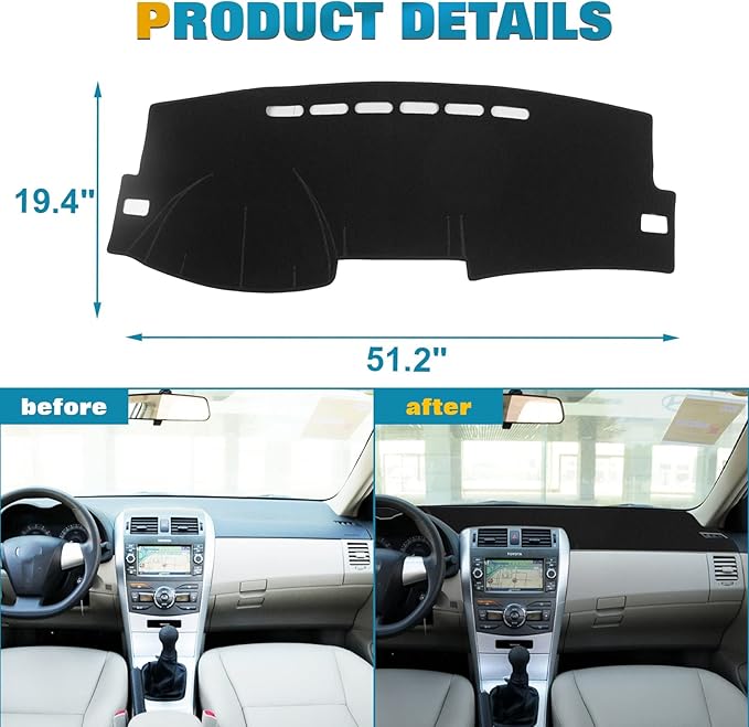 x xotic tech Center Console Dashboard Mat Pre-Cut Non-Slip Sunshield Sun Glare Protector Dash Carpet Pad Black Cover Compatible with Toyota Corolla 2007-2013