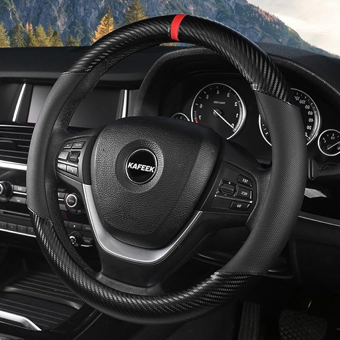 KAFEEK Car Steering Wheel Cover Men, Universal 15 inch, Microfiber Leather Carbon Fiber Black Steering Wheel Accessories, Anti-Slip, Odorless, Breathable, Black