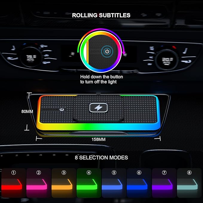 Wireless Charger Car Charging Pad,POLMXS 15W Wireless Phone Charger,RGB Cell Phone Cordless Charging Mat Compatible with iPhone 16/15/14/13/12 Galaxy S23 S22 S21 Note10(k1)