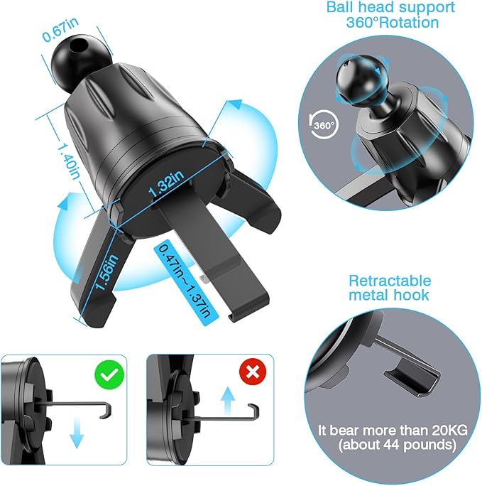 Air Vent Clip for Car Mount Replacement,Adjustable Triangular Fixing Foot and Metal Hook,Universal Vent Grip for Car Phone Holder and Wireless Car Charger,Joint Ball Diameter 0.67inch/17mm