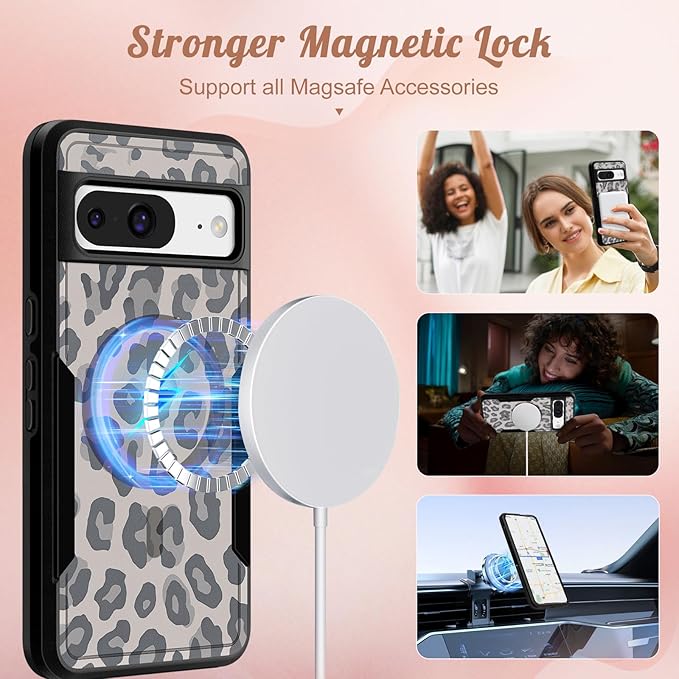 for Google Pixel 8 Case 6.2 Inch - Compatible with MagSafe Women Girls Cute Magnetic Protective Cover Cool Fun Unique Leopard Heavy Duty Shockproof Design for Google Pixel 8 Phone Cases
