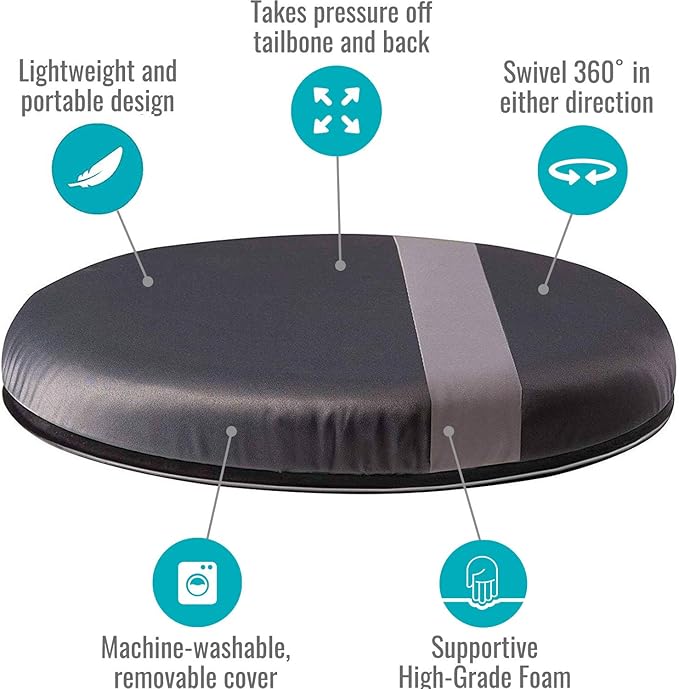 HealthSmart 360 Degree Swivel Seat Cushion, Chair Assist for Elderly, Swivel Seat Cushion for Car, Twisting Disc, Gray Stripe, 12.5 Inches in Diameter