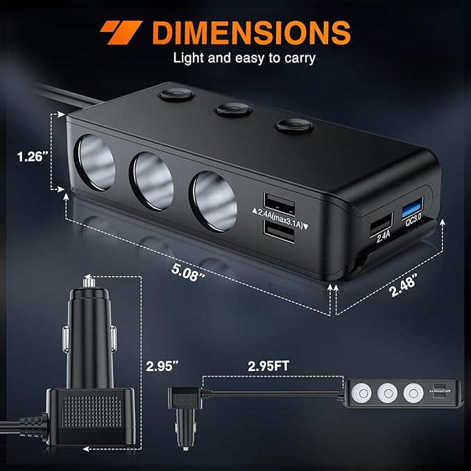 Nilight 9 in 1 Cigarette Lighter Adapter Splitter QC 3.0 3 Sockets 4 USB Ports Power Splitter with PD/QC 3.0 Independent Switches LED Voltage Display for 12V/24V Cars Van Truck Camper
