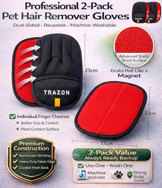 Trazon Pet Hair Removal Gloves 2 Pack – Electrostatic Pet Hair Removal Mitt for Cats & Dogs – Magic Brush Pet Hair Remover & Reusable Lint Brush Alternative for Couch, Furniture, Clothes & Car Seats