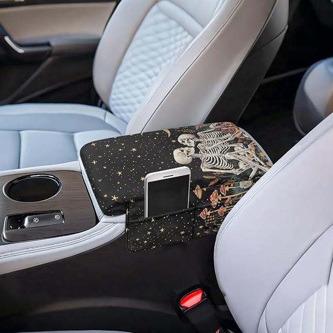 Tupalatus Skull Car Console Cover Car Accessories Mushroom Decor Armrest Cushion Cover Pad Water-Resistant Soft Comfy Armrest Covers Universal Fit for Cars SUV Pick-up Truck