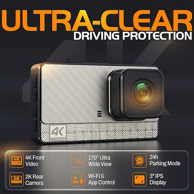 4K Front Dash Cam & 2K Rear Full HD Dash Camera for Cars, Included 32GB Card, 170° Wide Angle, Built-in Wi-Fi, 3" IPS Screen, Night Vision, WDR/HDR, 24hr Parking Monitor