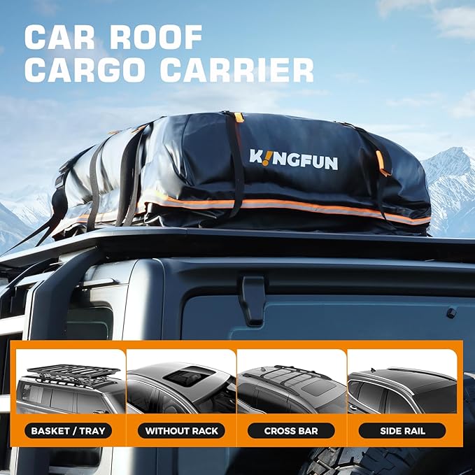 Kingfun Car Rooftop Cargo Carrier Bag, Waterproof 15 Cubic Feet Car Roof Luggage Carrier for All Vechicles with/Without Racks, Includes Anti-Slip Mat, 8 Reinforced Straps, 6 Door Hooks,Luggage Locks