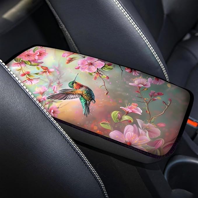 Flower Hummingbird Car Center Console Cover Armrest Pad Cover Universal Car Arm Rest Seat Storage Box Mat Non Slip Interior Accessories
