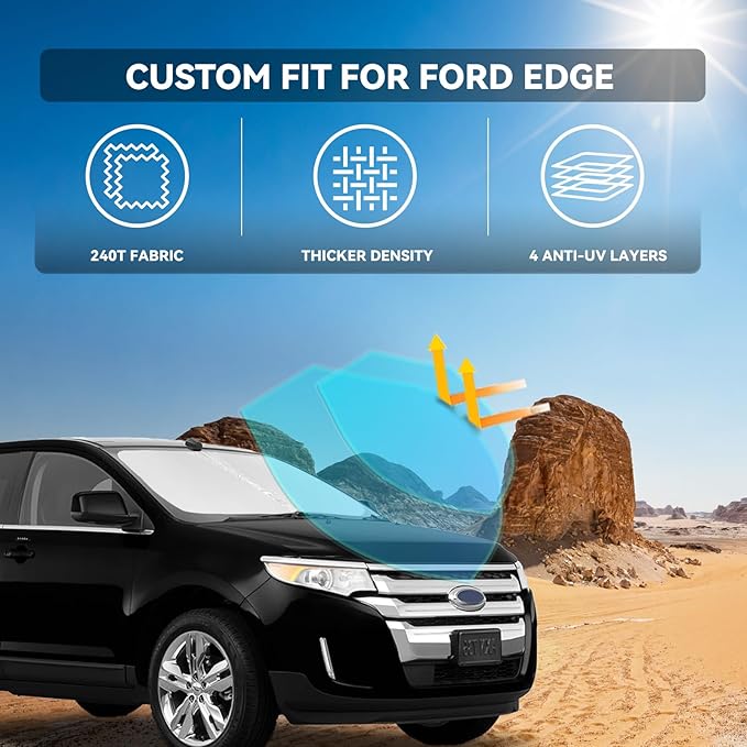for Ford Edge 2007-2014 Windshield Sun Shade - 4 Layers Car Sunshades for Front Windows Shade Cover Custom Fit Edge Sun Visor 250T Retractable Shade Blocks UV Rays Car Accessories