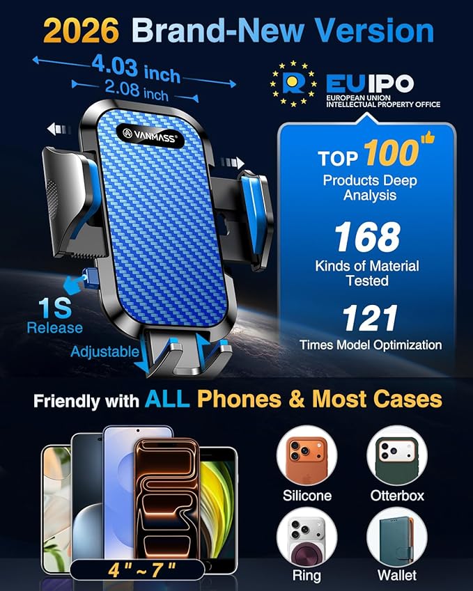 VANMASS Phone Holders for Your Car Ultimate Military-Grade Car Phone Holder Mount【Patent & Safety Certs】 Upgraded Shockproof Truck Air Vent Phone Mount for iPhone 17 Pro Max 16 Samsung Android,Blue