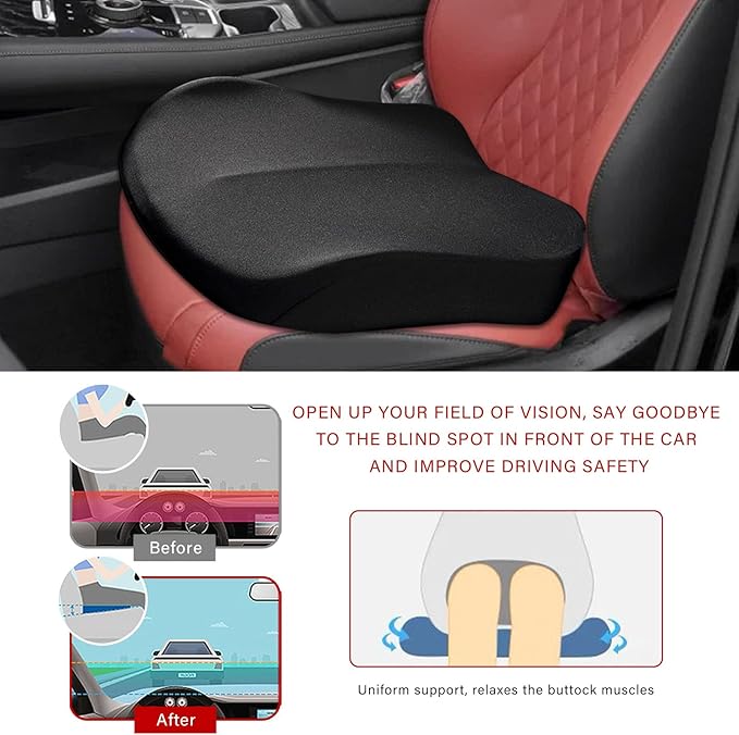 Car Seat Cushion, Ergonomic Memory Foam Auto Booster Seat Pad with Nonslip Bottom, Comfortable Vehicle Cushion for Short People Driving Fit for Sedan Truck SUV, Car Accessories (Black)