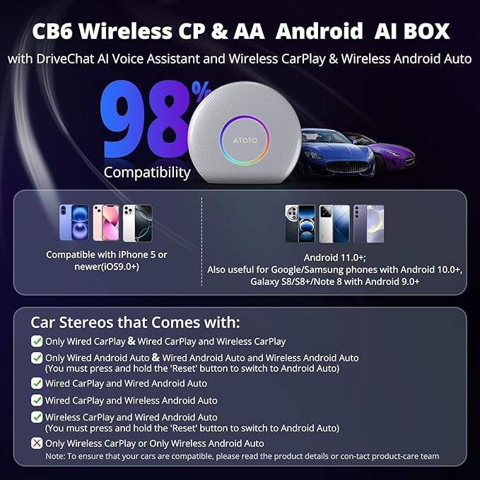 ATOTOZONE CB6 Wired CarPlay to Wireless CarPlay/Android Auto Adapter with Bluetooth, Wireless CarPlay AI Box, AI Voice Dongle with GPS Tracking, 4GB+64GB, Silver