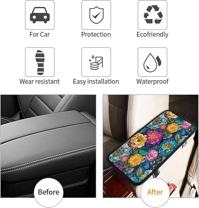 Boho Flower Center Console Cover Art Botanical Bohemian Armrest Pad Protector Abstract Wildflower Arm Rest Seat Box Cover Cushion