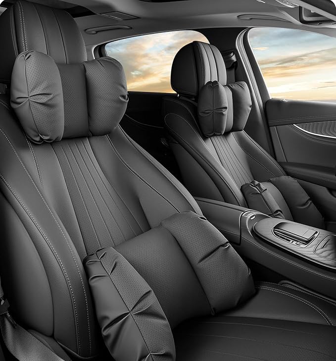 Car Neck Pillow & Lumbar Support for Suzuki Ertiga / XL7 2019-2026 Ergonomic Breathable Mesh Auto Seat Back Cushion Headrest,Black-Neck & Lumbar Set