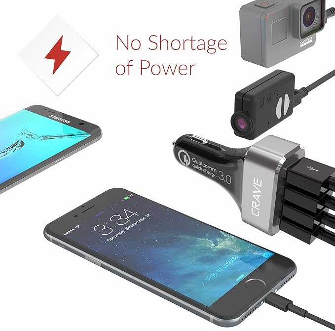 Crave CarHub 54W 4 Port USB Car Charger, Qualcomm Quick Charge 3.0 - Black