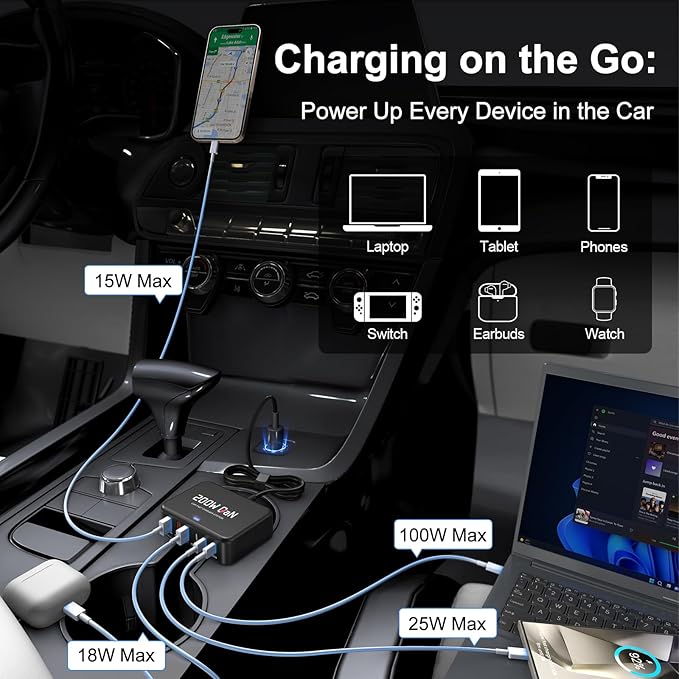 Dzytnsy 200W Car Fast Charging Station,6 Ports, Compatible with MacBook pro/Air/M5 M4 M3 M2 M1/Dell/Lenovo/HP,for iPhone 17/16/15 Series,Samsung Galaxy S26/S25 Ultra/S24 Series and More