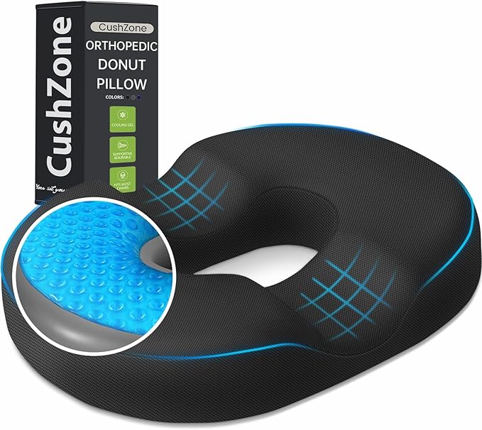 Donut Pillow Seat Cushion - Cooling Gel Outdoor Chair Cushions, Memory Foam Seat Cushion for Office & Home, Car Seat and Patio Furniture Cushions, Hemorrhoids Pillow and Tailbone Pain Relief, Black