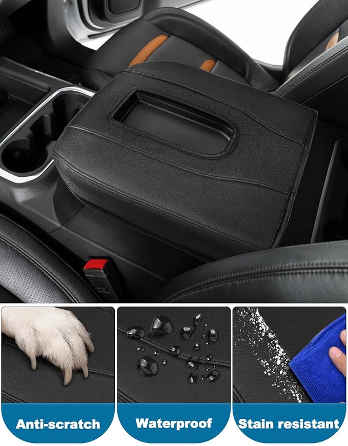 Center Console Armrest Cover for GMC Sierra & Chevy Silverado 2019-2026, Tahoe & Yukon & Suburban 2021-2026, Floor Console Bucket Seat Only, Vinyl Leather Trim, Scratchproof, Black