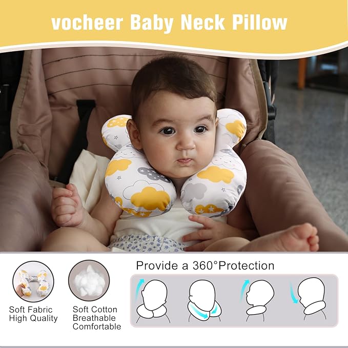 vocheer Baby Travel Pillow(Upgraded), Head and Neck Support Pillow for Pushchair, Car Seat,Stroller, Bouncer, Cotton(Cloud)