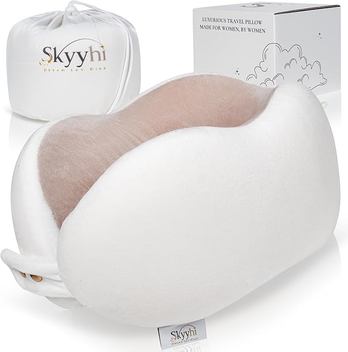 Women's Small Fitted Neck Pillow for Traveling, Memory Foam Travel Pillow, Travel Neck Pillows for Airplanes, Travel Essentials for Flying, Plane Pillow in Taupe and White