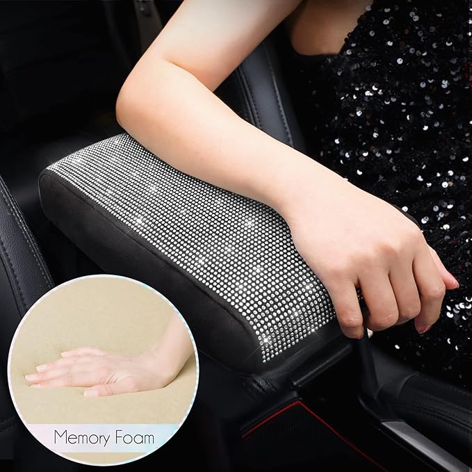SEG Direct Diamond Auto Center Console Cover, Bling Car Armrest Cover, Memory Foam Armrest Cushion Pad with Crystal Rhinestones, Universal Seat Box Cover, White Diamond