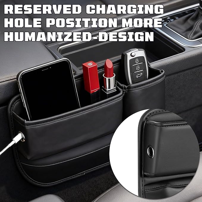 Car Leather Cup Holder Gap Bag, New Car Seat Gap Filler Organizer with Cup Holders, Console Organizer for Phone, Keys and Small Items, Universal Fit Essentials for SUV, Truck & Sedan (2pc)