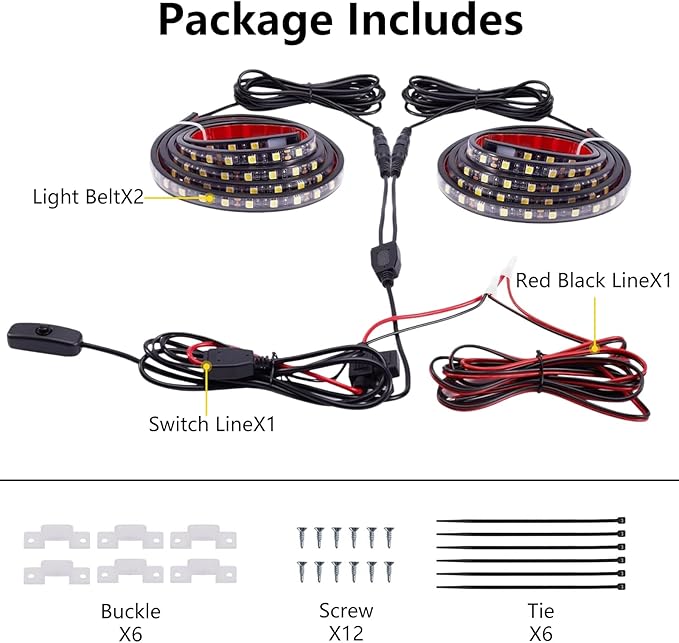 2Pcs 60-Inch Led Truck Bed Lights - Super Bright 2600LM 6000K White,IP67 Waterproof,with On/Off Switch & Fuse,Universal for Pickup/SUV/Van Bed Lighting
