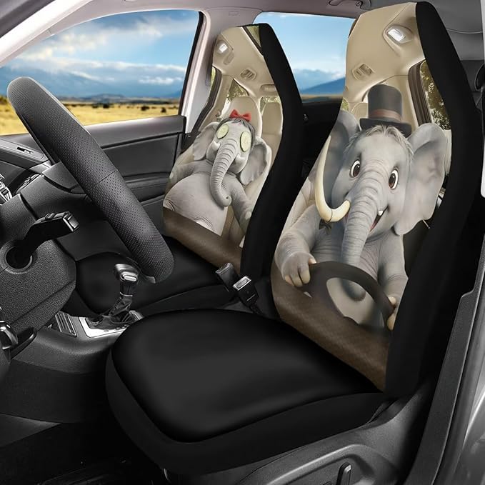 Elephant Car Front Seat Covers Set of 2 Funny Nonslip Car Seat Covers Front Seats Only Stretch Polyester Fabric Cover Cars Seats Covers Protector for Cars Sedans SUVs