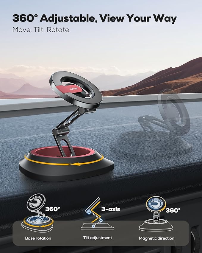 Nulaxy 2026 Upgraded Magsafe Car Mount for Dashboard, [Ultra-Stable & Strong] Car Phone Holder, [Foldable Three-axis] Magnetic Phone Holders for Your Car Compatible with iPhone 17 Pro Max, Red