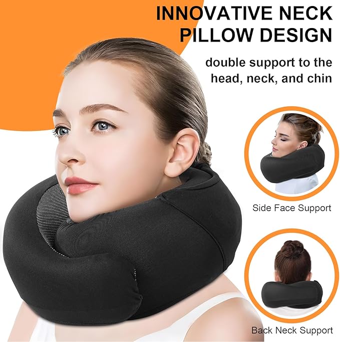 Travel Pillow - Hooded Neck Pillow Airplane Memory Foam Filling for Plane, Office, Cars Sleeping, Road Trip, Long Flights, Airplane Travel Essentials, Includes Eye Mask & Earplugs (Black)