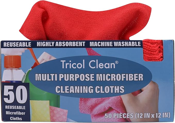 Tricol Clean 50PK Profesional Resuable Lint Free Microfiber Edgeless Cleaning Cloth Cleaning Rags,Absorbent Microfiber Wipes for Housekeeping, Car Cleaning (12 * 12 Inches) (red1)