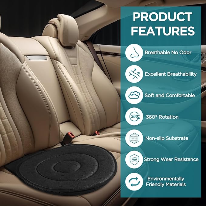 FACULX Rotating Seat for Car 360° Swivel Seat for Car for Elderly Non-Slip Portable Rotating Car Seat Pad for Driving, Chairs, Stool Chair, Ergonomic Design (Black)