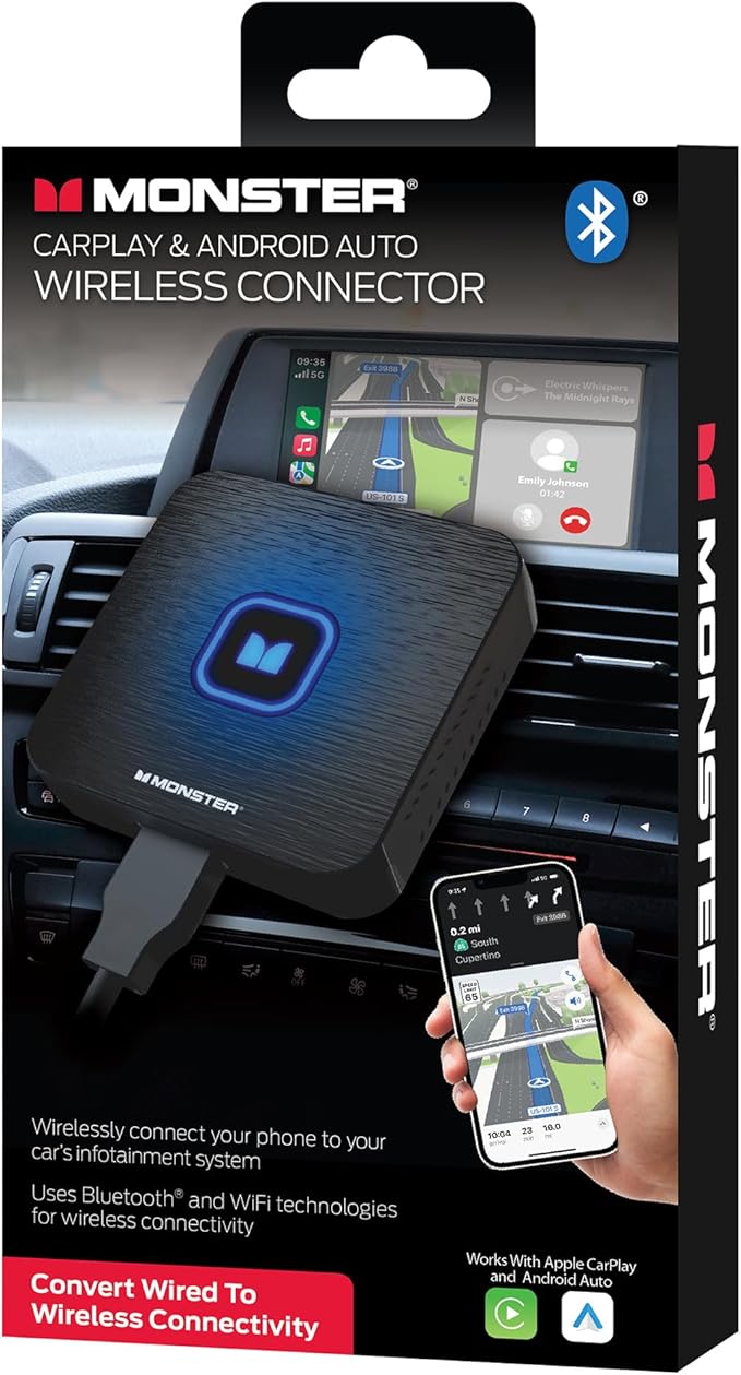 Monster Wireless CarPlay Adapter, Wireless Android Auto Adapter, Convert Wired to Wireless CarPlay & Android Auto, Compact Dongle for Factory Wired CarPlay Cars, USB-C & USB-A Cables Included