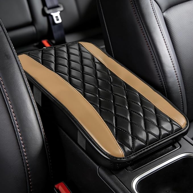 Car Center Console Cushion Pad, Arm Rest Covers, 12.6"×7.5" Leather Waterproof Auto Armrest Seat Box Protector, Auto Comfortable Center Console Cover Universal for Most Vehicles (Beige)