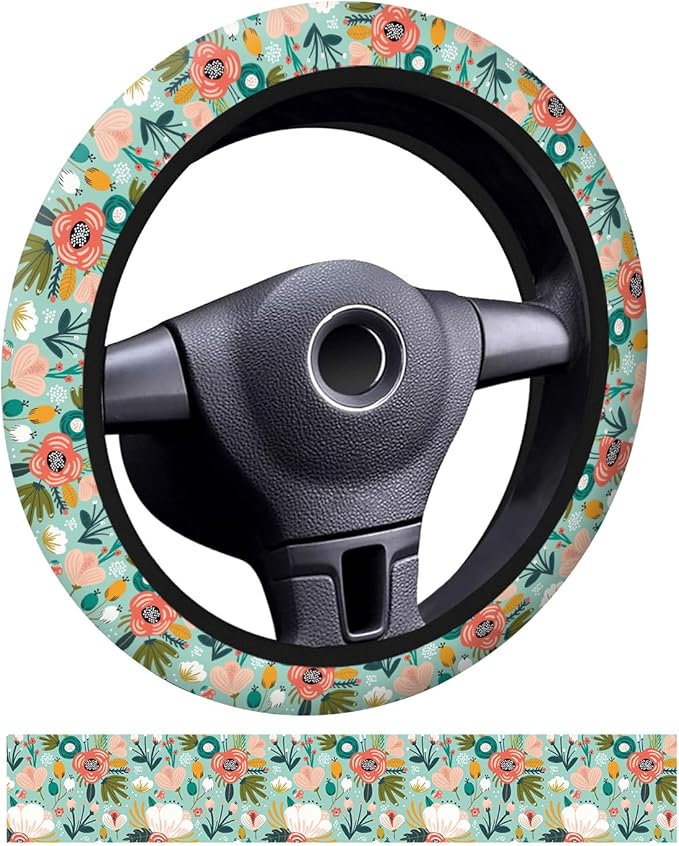 Car Steering Wheel Cover, Universal 15 Inch Neoprene Non-Slip Steering Wheel Covers, Funny Car Accessories for Women Men Fit Auto, Suvs, Truck Cute Green Floral