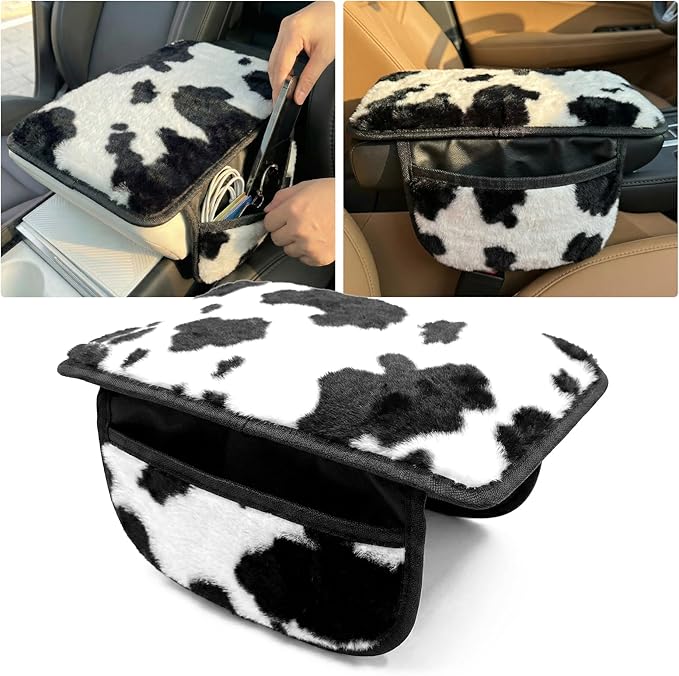 Plush Cow Print Car Center Console Cover with Side Pockets, Fluffy Armrest Cushion Pad,Soft Cow Car Interior Decorations Accessories with Storage for Women,Universal Fit for Vehicles SUV Truck