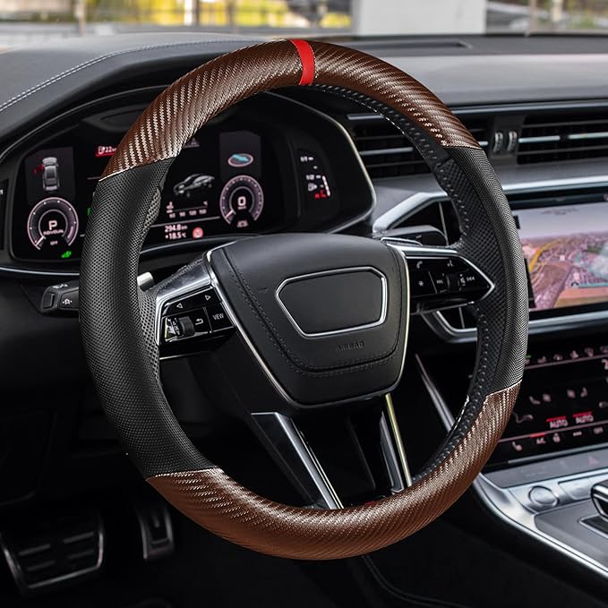 Car Steering Wheel Cover, Steering Wheel Accessories, 15 Inch Microfiber Leather Carbon Fiber Soft Anti-Slip Breathable, Car Accessories Elastic Non-Slip Cover for Most Vehicles (Coffee)