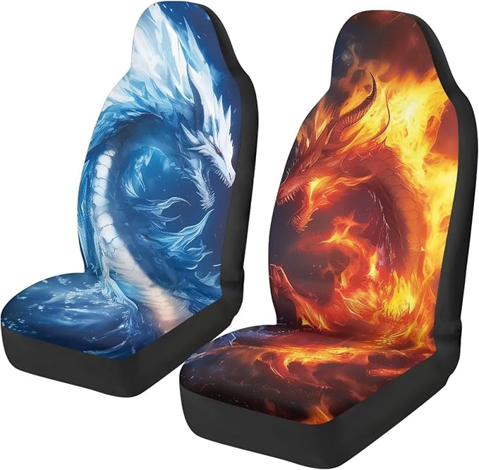 Ice and Fire Dragon Car Seat Covers Front Seats Only Breathable Stretch Polyester Fabric Cover Easy to Install Car Accessories Universal Fit for Most Vehicle
