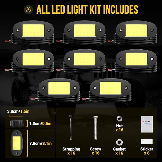 Hovano 8 Pods COB White Rock Lights, 120 COB Chips 6500K Pure White Super Bright Neon Underglow, IP68 Waterproof Shockproof Off-Road Light Kit for Pickup Trucks, SUV, UTV, ATV, RZR, Cars & Boats