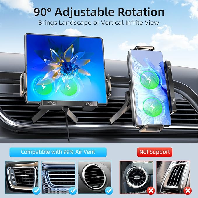 Car Phone Holder, Ultra Stable Dashboard Air Vent Cell Phone Car Mount, 15 Watt Dual Coil Fast Charger, Rotating Charger Car Phone Mount, for Smartphones