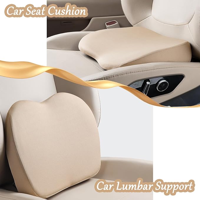 2 in 1 Wedge Car Cushions or Lumbar Support for Driving - 3.5 Inches Soft Memory Foam Driver Seat Cushion for Car Truck - Comfort Coccyx Cushion for Tailbone & Back Pain Relief, Beige
