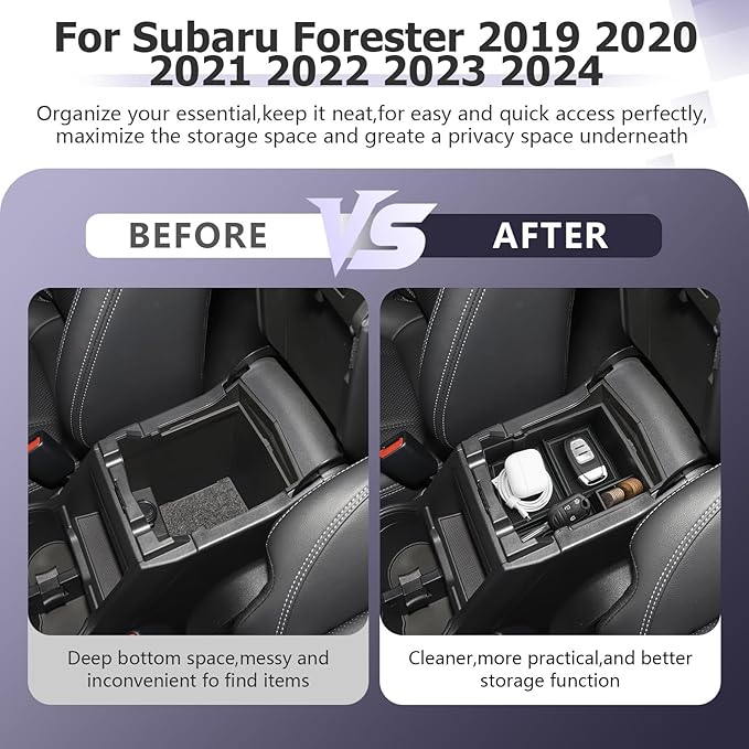 LUWU Center Console Organizer Compatible with 2019 2020 2021 2022 2023 2024 Subaru Forester Accessories Armrest Console Secondary Storage Box Insert Tray ABS Material Black