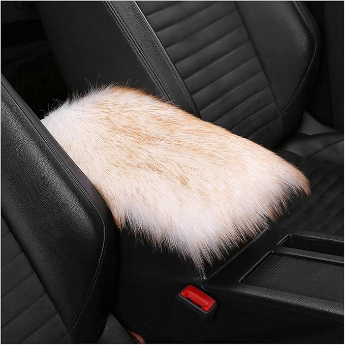 Furry Auto Center Console Cover Pad, 11.8"x7.8" Fluffy Soft Sheepskin Wool Armrest Cushion, Car Interior Accessories for Women and Men (White/Yellow)