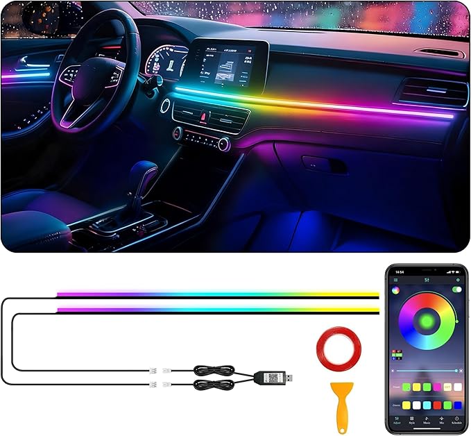 Interior Car LED Strip Lights, RGB 2 in 1 Dynamic Dreamcolor Chasing Acrylic LED Lights for Car, USB Powered Ambient Lighting Kits with Wireless APP, Sound Active Function Car Neon Lights (2 in 1)